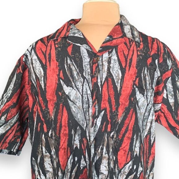 Vintage Shirt Red Black Abstract Short Sleeve Boxy Camp Collar Hawaiian Printed - Picture 2 of 12